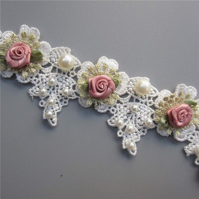Milcraft 1 Yard Vintage Gold Pearl Rose Flowers Embroidered Lace Trim Fabric Floral Appliques Lace Ribbon Bridal Ornaments Handmade DIY Sewing Supplies Craft for Costume Hat Decoration 1.96"" Wide - Image 2